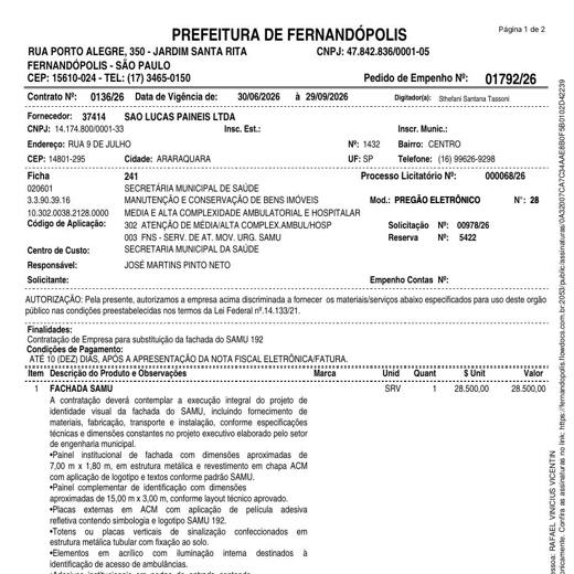 Pedido de empenho da Prefeitura de Fernandópolis