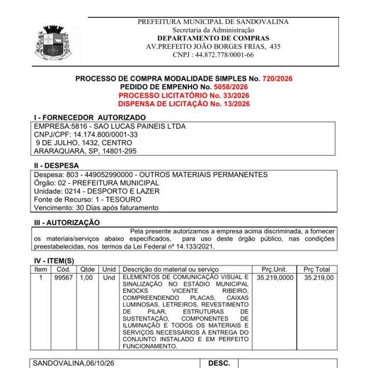 Pedido de empenho da Prefeitura de Sandovalina