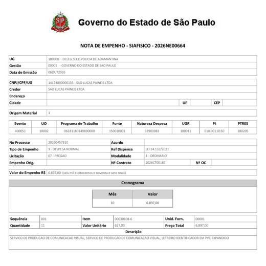 Nota de empenho da Delegacia de Adamantina