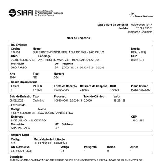 Nota de empenho da PSFN Bauru